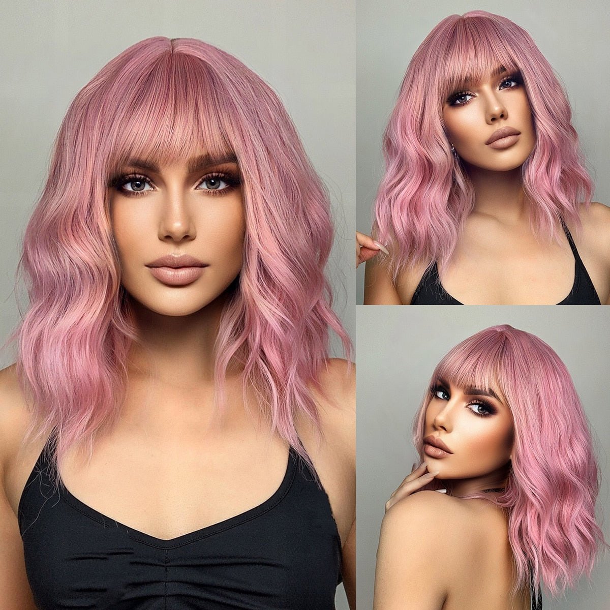 Bob Pink Wavy Wigs with Bangs - HairNjoy