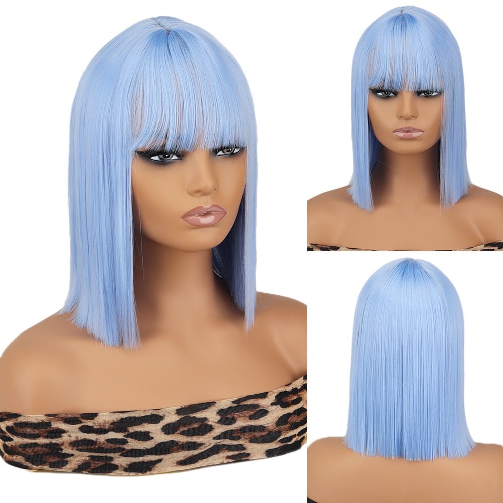 Bob Straight Light Blue wig with bangs synthetic cosplay wig - HairNjoy