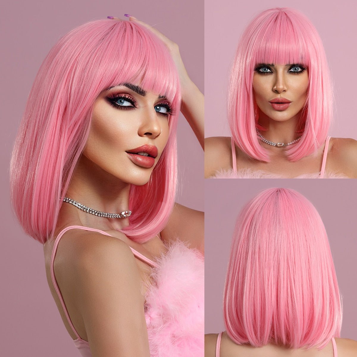 Bob Straight Pink Synthetic Wig with Bangs - HairNjoy