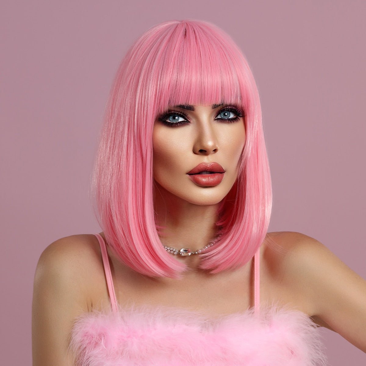 Bob Straight Pink Synthetic Wig with Bangs - HairNjoy