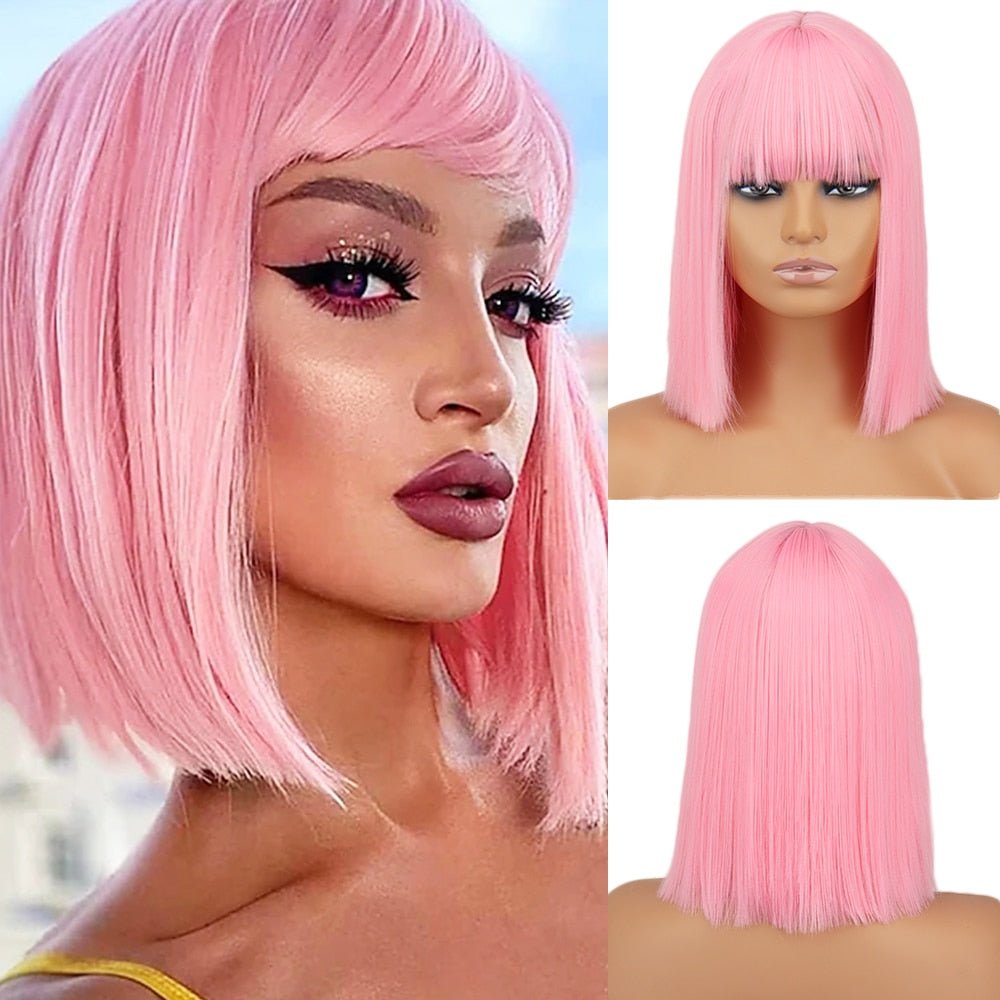 Bob straight pink wig with bangs synthetic cosplay wig - HairNjoy