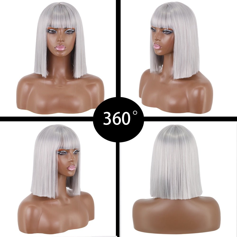 Bob straight white grey wig with bangs synthetic cosplay wig - HairNjoy