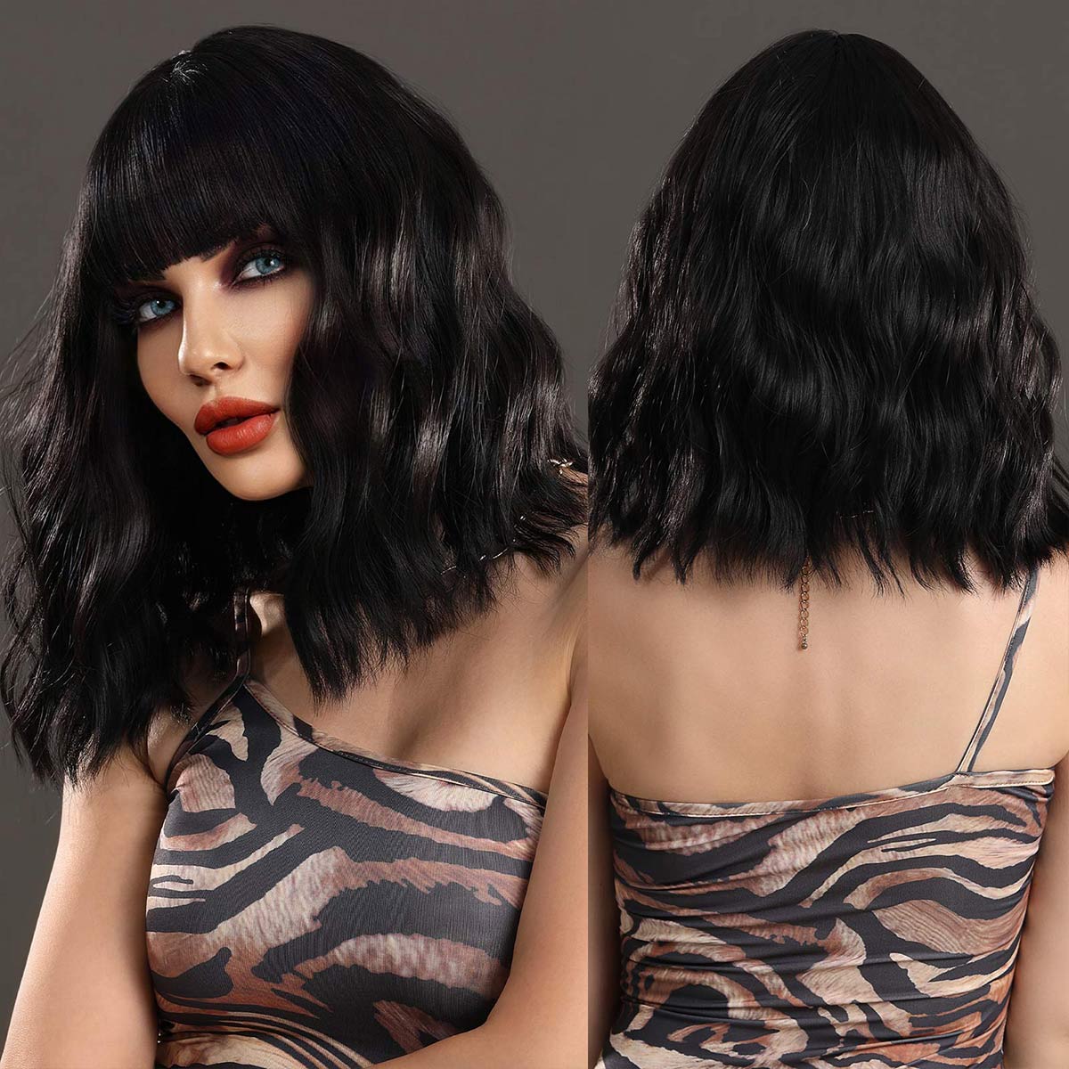 Bob Wavy Black Synthetic Medium Wig with Bangs - HairNjoy