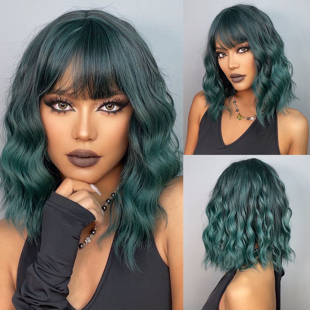 Bob Wavy Green Synthetic Wig - HairNjoy