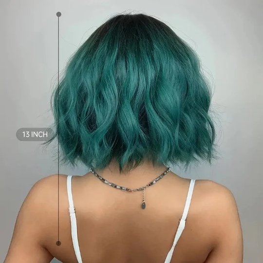 Bob Wavy Green Synthetic Wig with Bangs - HairNjoy