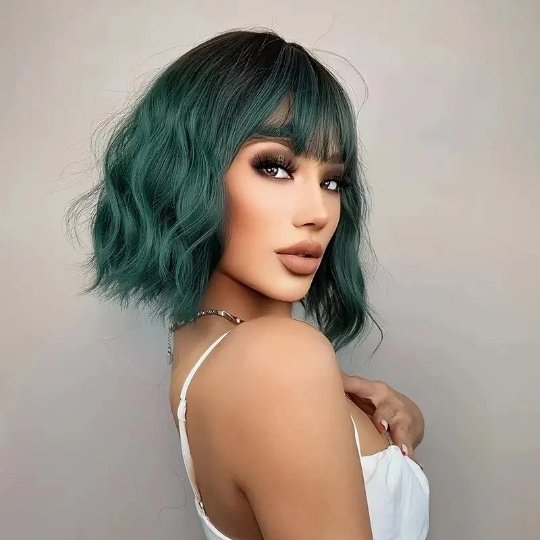 Bob Wavy Green Synthetic Wig with Bangs - HairNjoy
