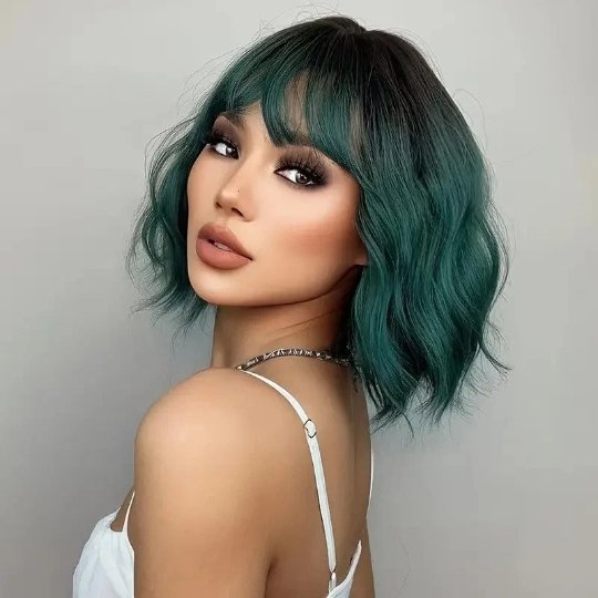 Bob Wavy Green Synthetic Wig with Bangs - HairNjoy