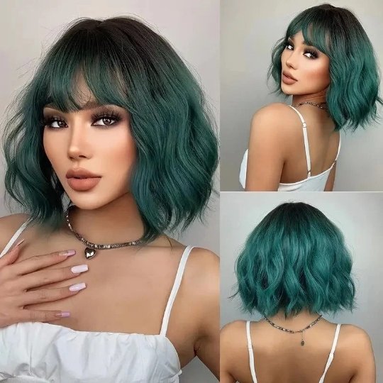 Bob Wavy Green Synthetic Wig with Bangs - HairNjoy