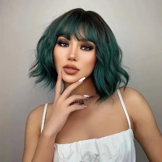 Bob Wavy Green Synthetic Wig with Bangs - HairNjoy