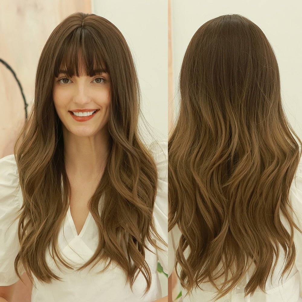 Brown Long Wavy Wigs with Bangs - HairNjoy