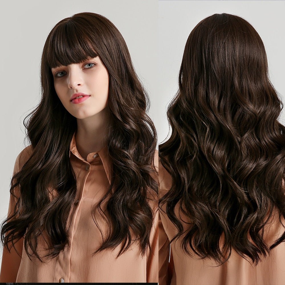 Brown Long Wavy Wigs with Bangs - HairNjoy
