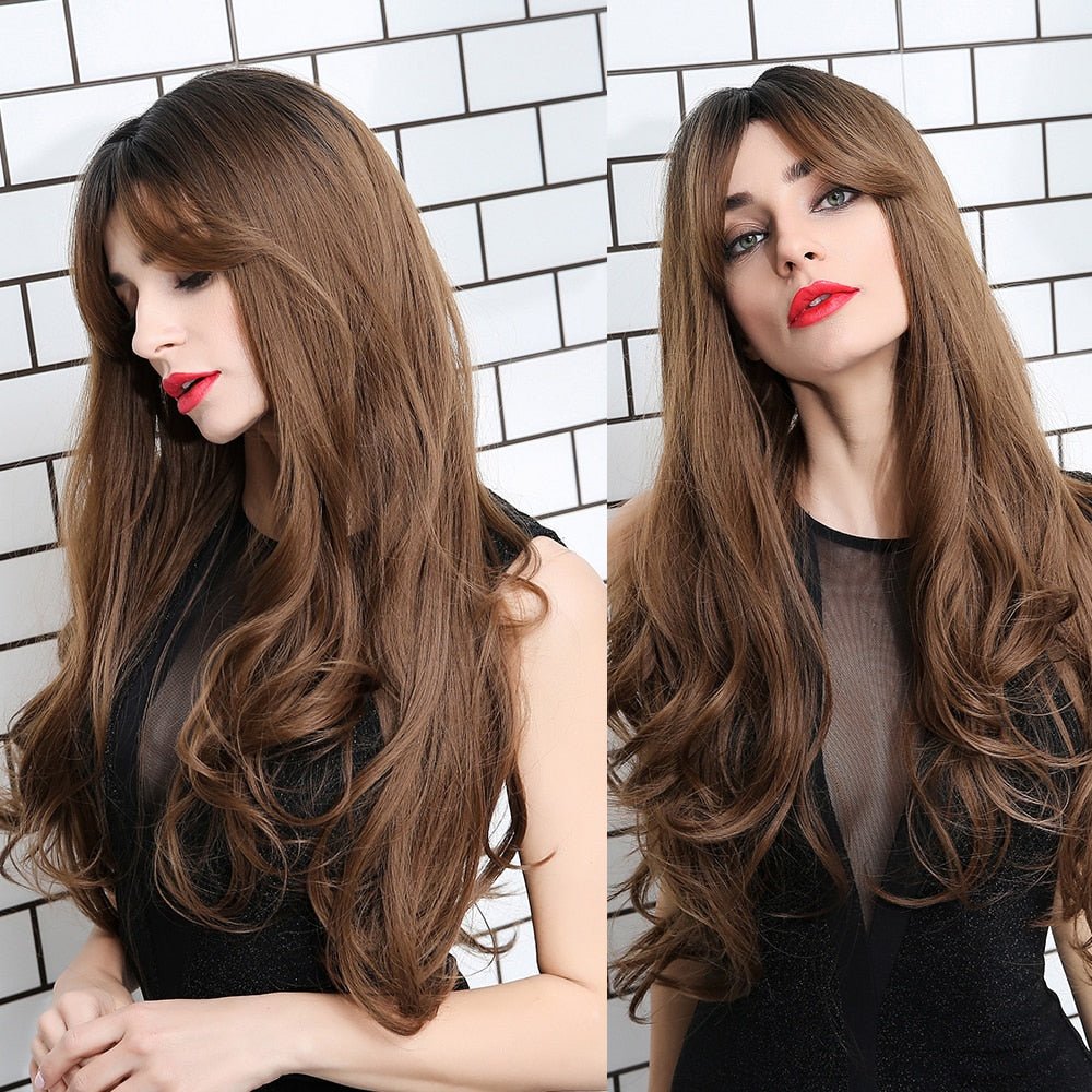 Brown Long Wavy Wigs with Side Bangs - HairNjoy