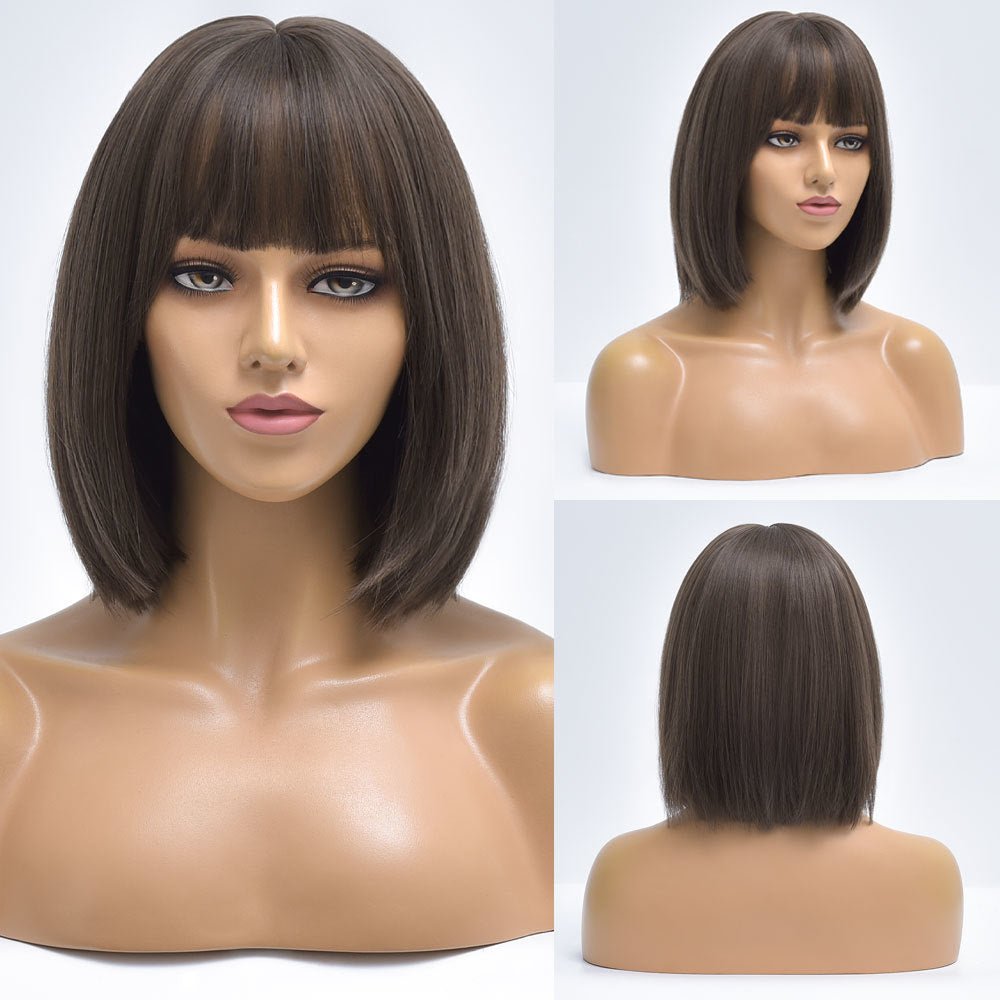 Brown Short Straight Bob Wig with Bangs - HairNjoy
