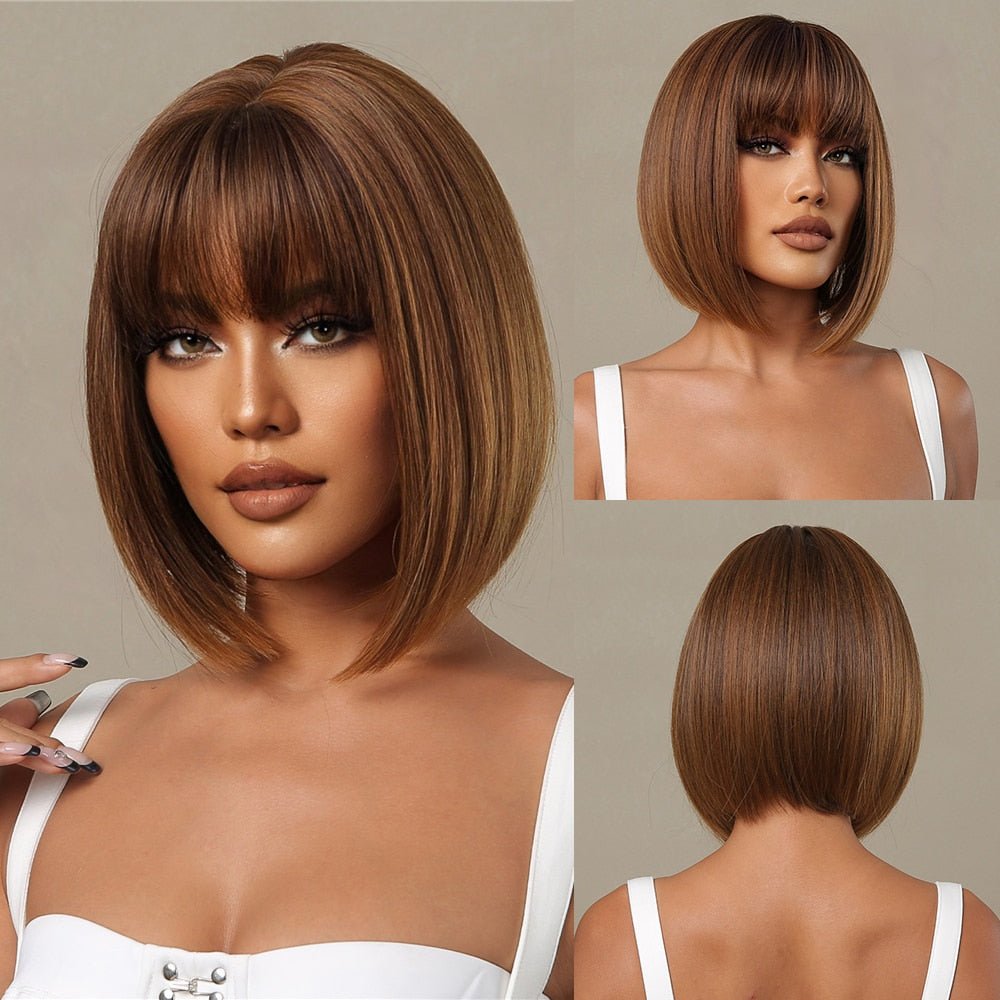Brown Synthetic Wigs with Bangs - HairNjoy