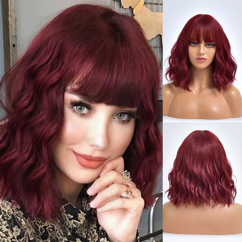 Burgundy Bob Body Wave Synthetic Wigs with Bangs - HairNjoy
