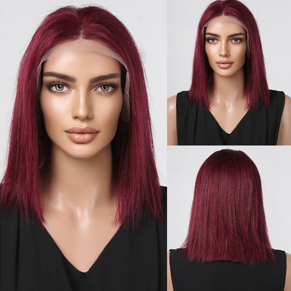 Burgundy Human Hair Bob Lace Front Wig - HairNjoy