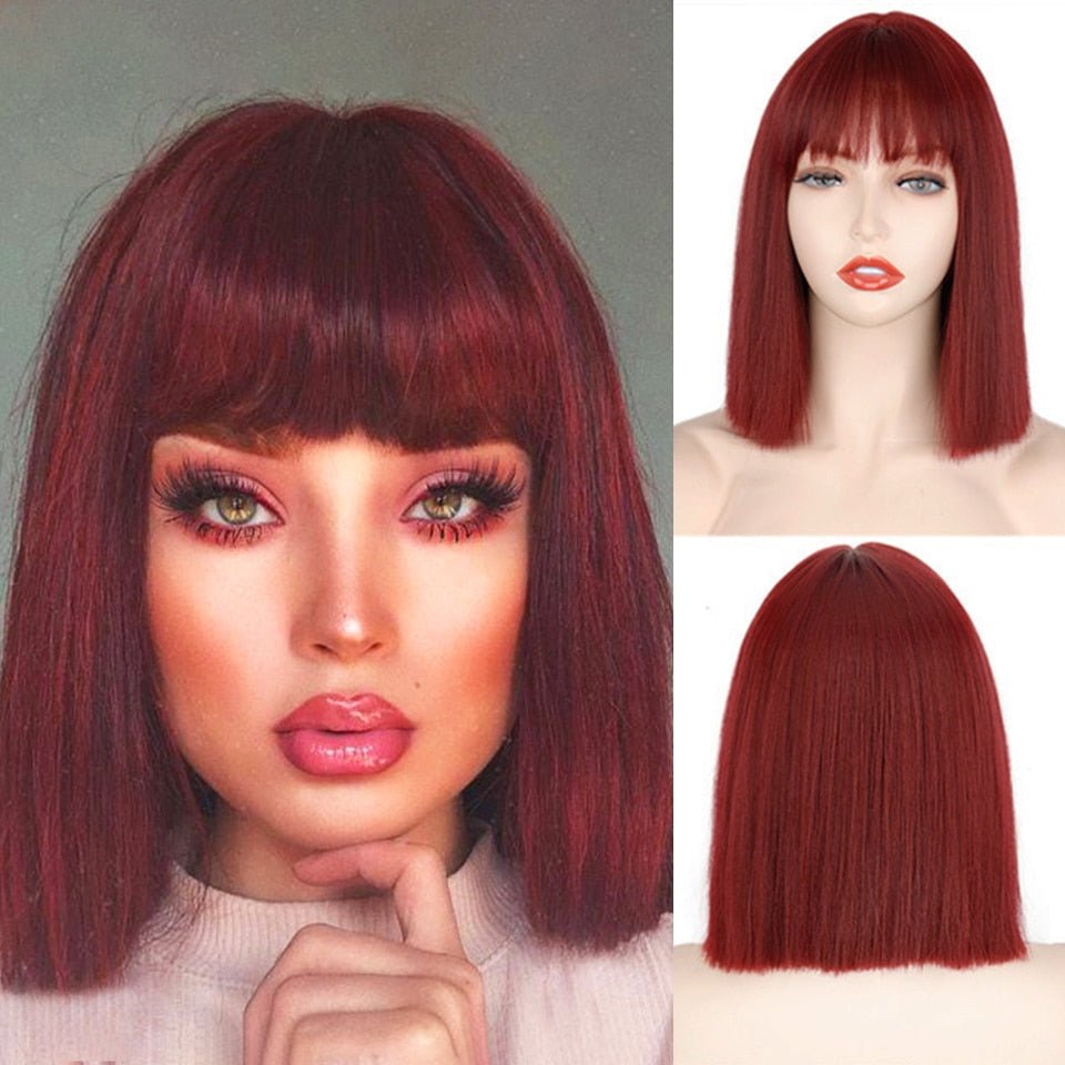 Burgundy Straight Wig with Bangs - HairNjoy
