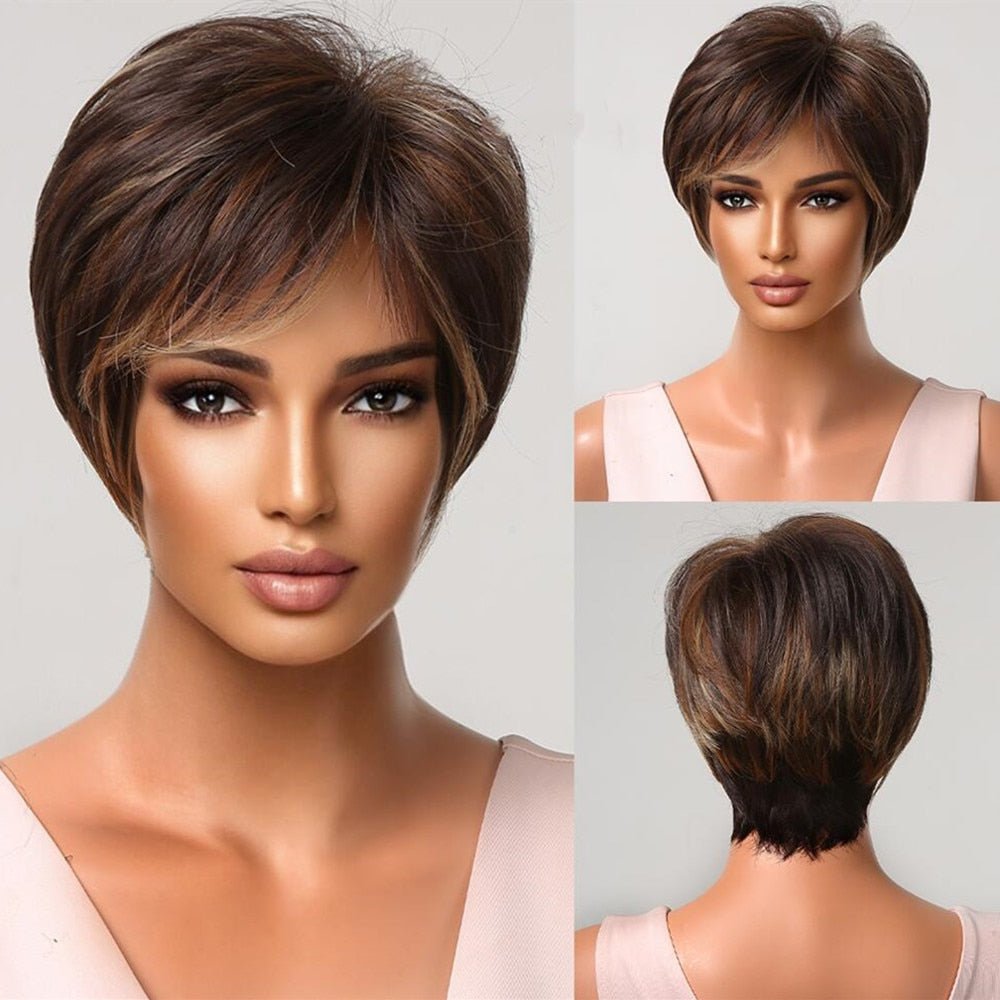 Chestnut Highlight Pixie Cut Wig with Bangs - HairNjoy