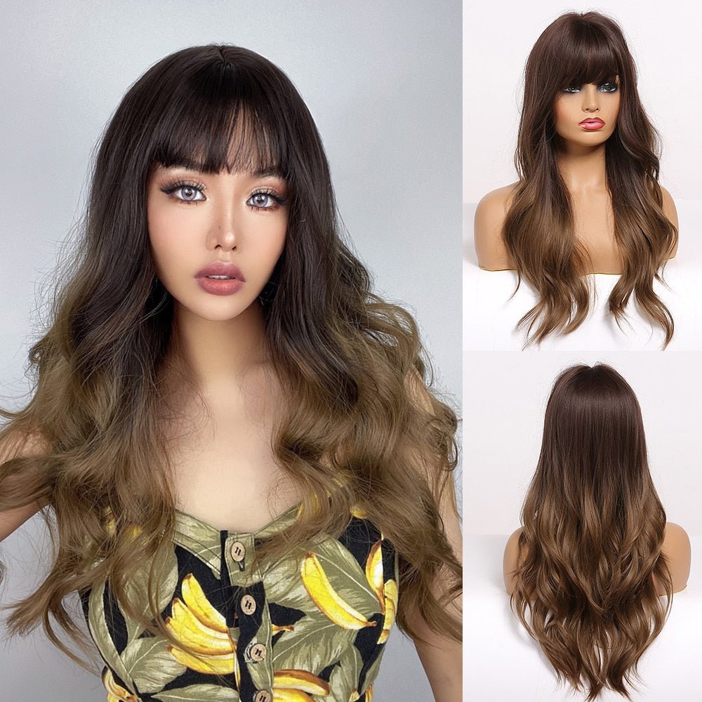Dark Brown Colored Long Wavy Synthetic Wigs - HairNjoy