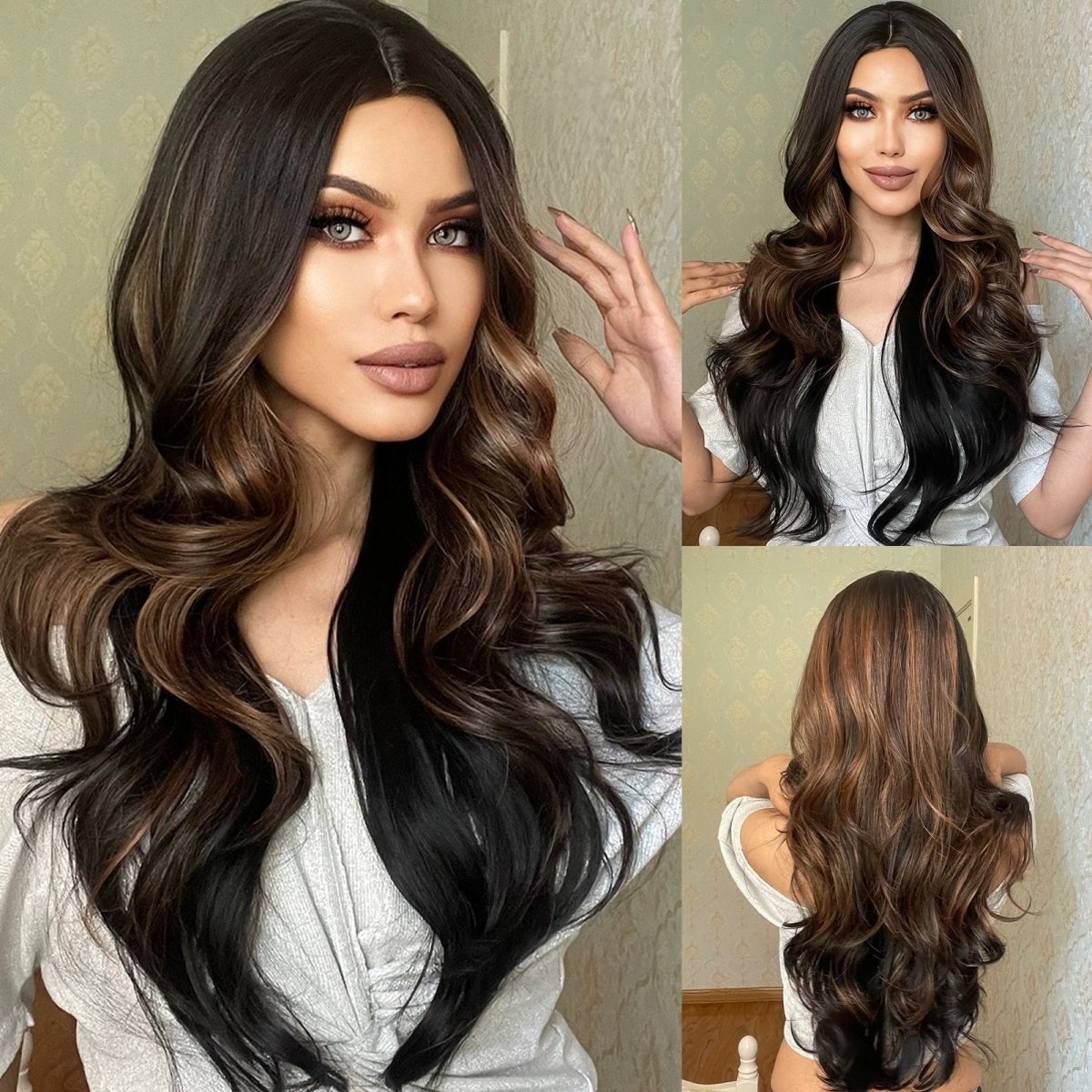 Dark Brown High Lights Long Wavy Synthetic Wig - HairNjoy