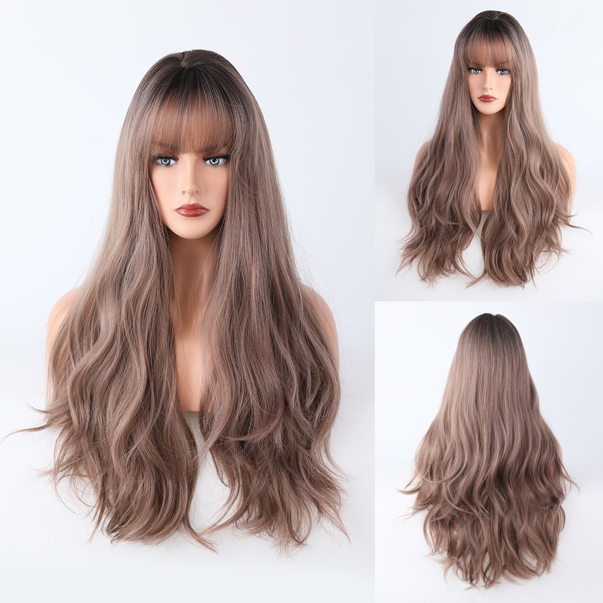 Dirty Ash Brown Wavy Wig with Bangs - HairNjoy