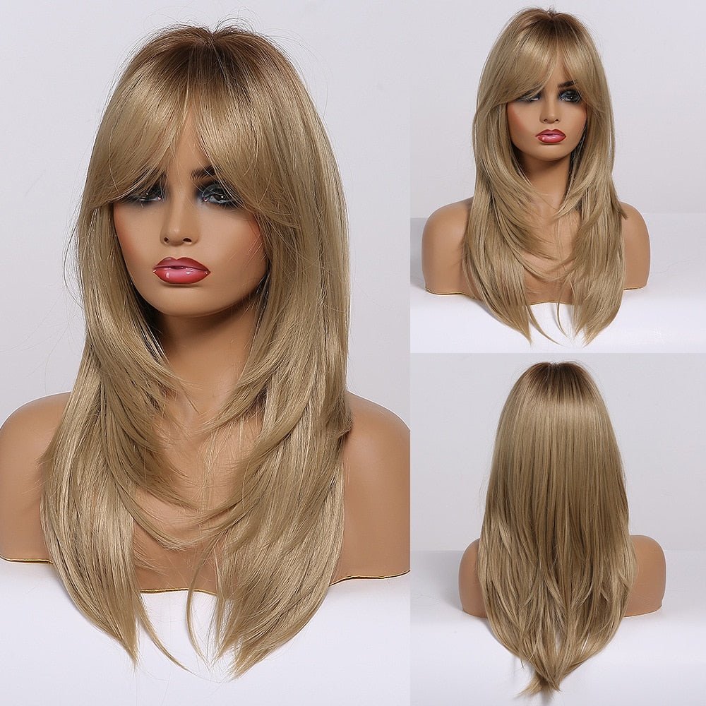 Dirty Blonde Layered Synthetic Wig with Dark Roots - HairNjoy