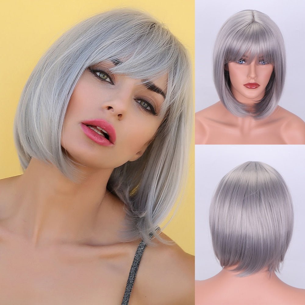 Gray Short Bob Wig with Bangs - HairNjoy