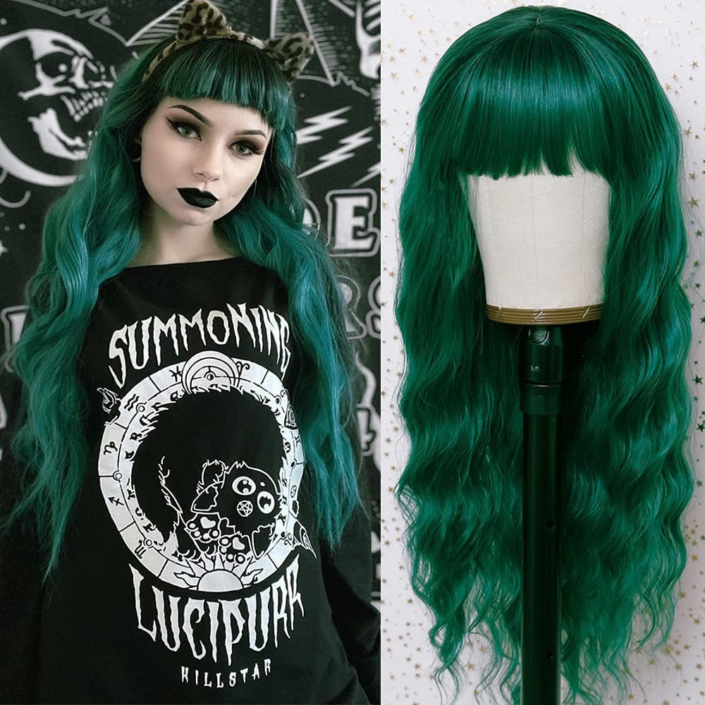 Green Long Wavy Bangs Loose Curly Hair Wig - HairNjoy