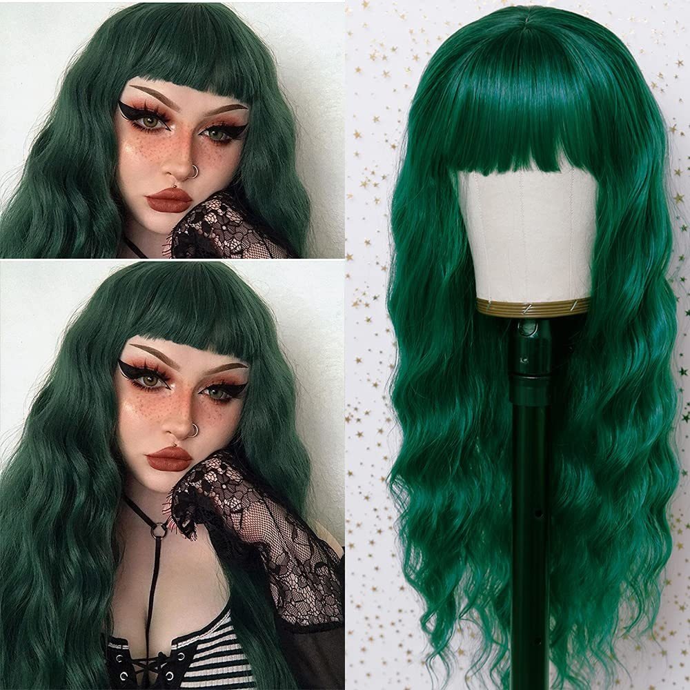 Green Long Wavy Bangs Loose Curly Hair Wig - HairNjoy