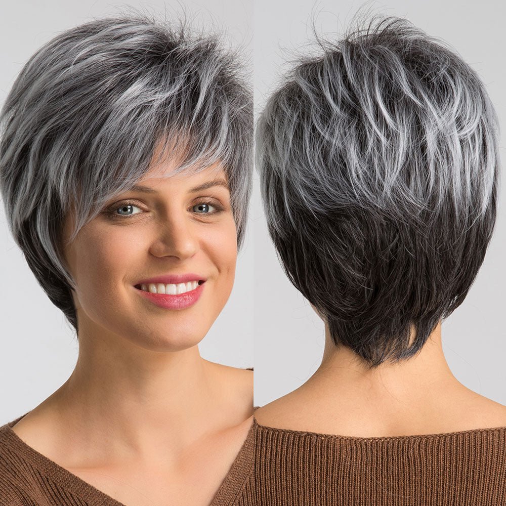 Grey Black Short Wigs with Bangs - HairNjoy