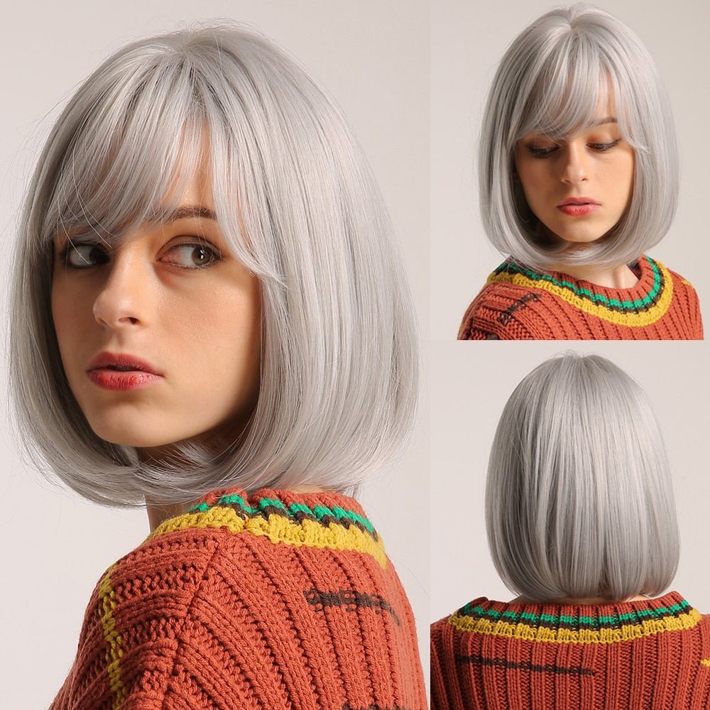 Grey Silver Bob Wigs with Bangs - HairNjoy