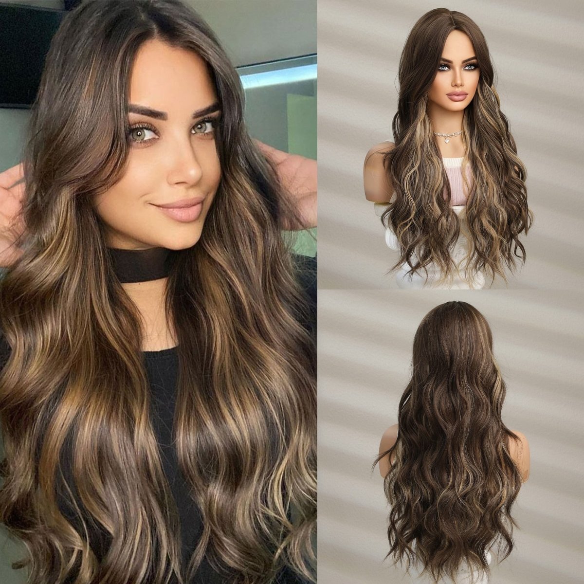 High Lights Dark Brown Long Wavy Synthetic Wig - HairNjoy