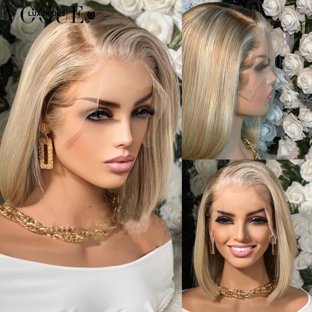 Highlight HD Ash Blonde 13x6 Bob Straight Wig Lace Front Human Hair Wigs - HairNjoy