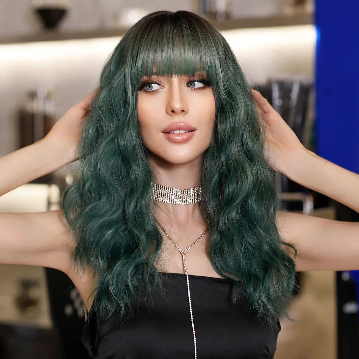Highlight Olive Green Medium Wig with Bangs - HairNjoy