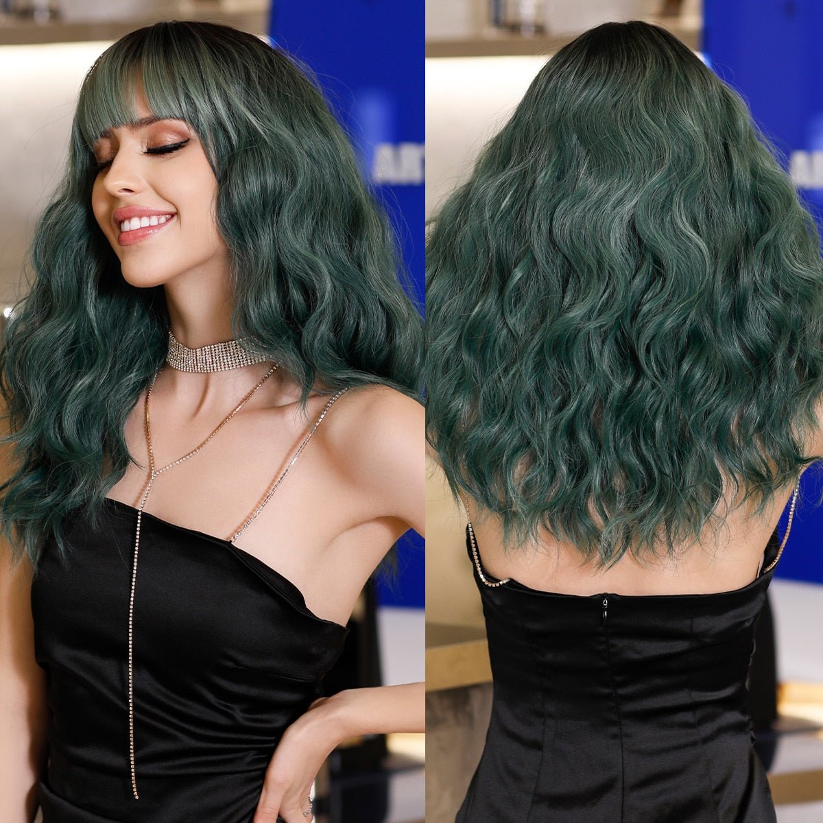 Highlight Olive Green Medium Wig with Bangs - HairNjoy