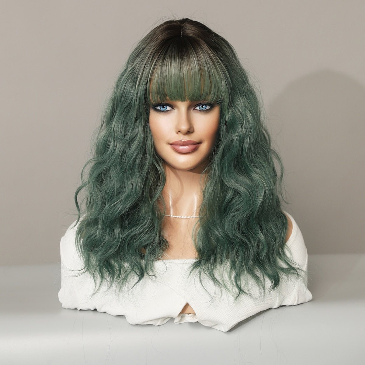 Highlight Olive Green Medium Wig with Bangs - HairNjoy