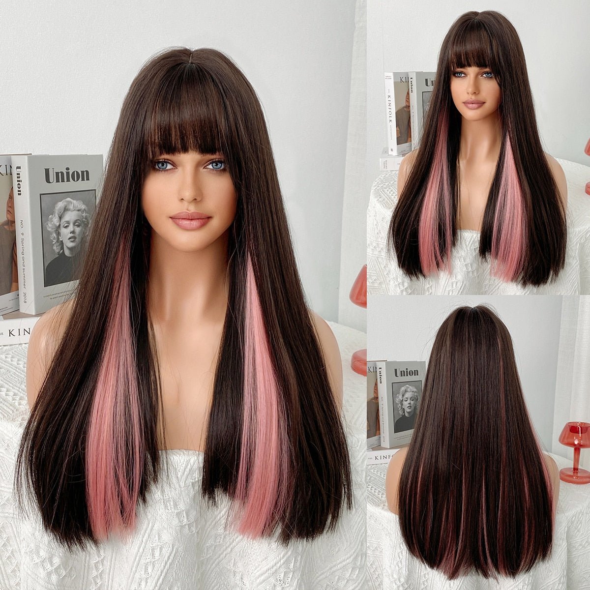 Highlight Pink Brown Wig with Bangs - HairNjoy