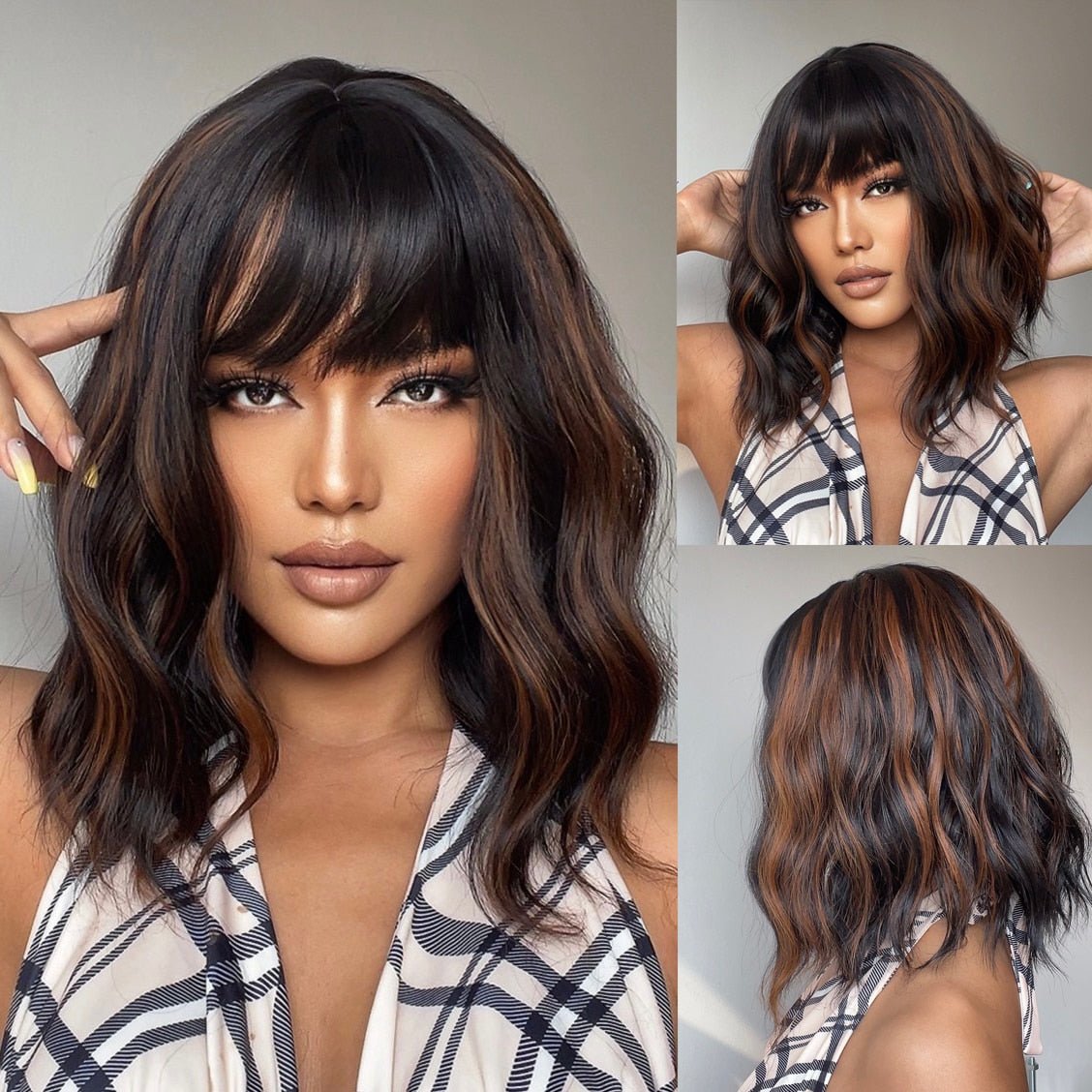 Highlight Wavy Synthetic Wig with Bangs - HairNjoy