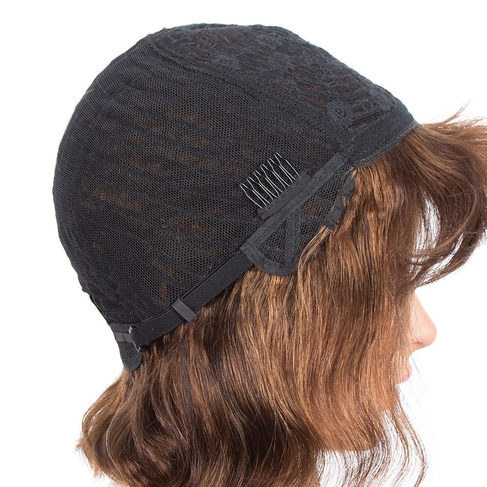 Light Brown Short Wavy Bob Human Hair Wig With Bangs - HairNjoy