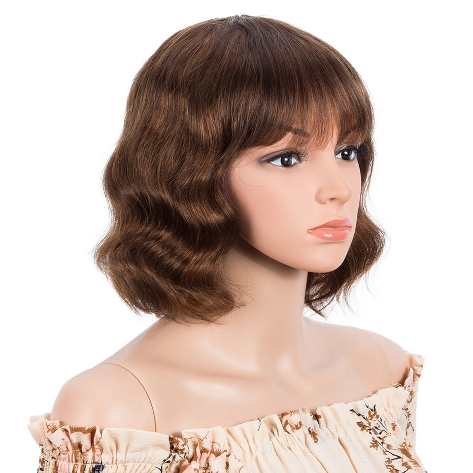 Light Brown Short Wavy Bob Human Hair Wig With Bangs - HairNjoy