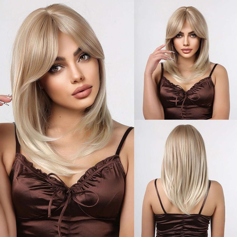 Light Brown with White Blonde Straight Fiber Wigs - HairNjoy