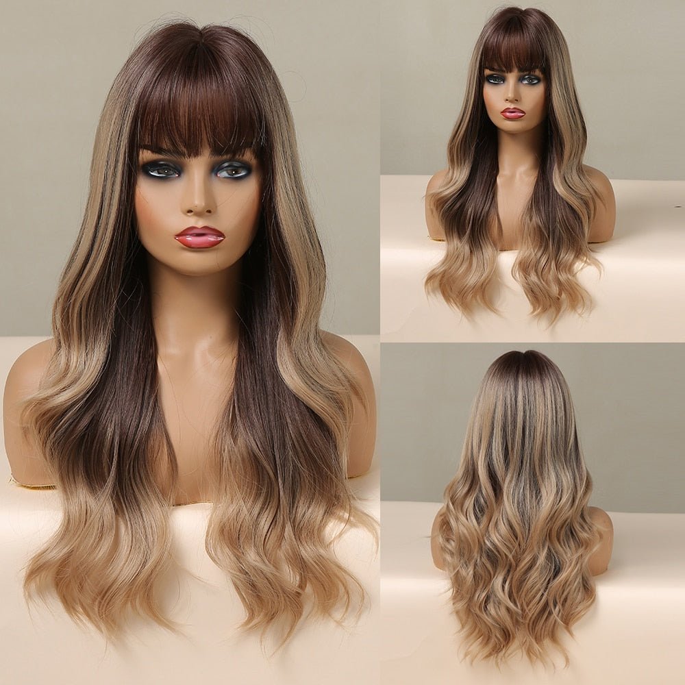 Long Ash Brown Wavy Wigs with Bangs - HairNjoy