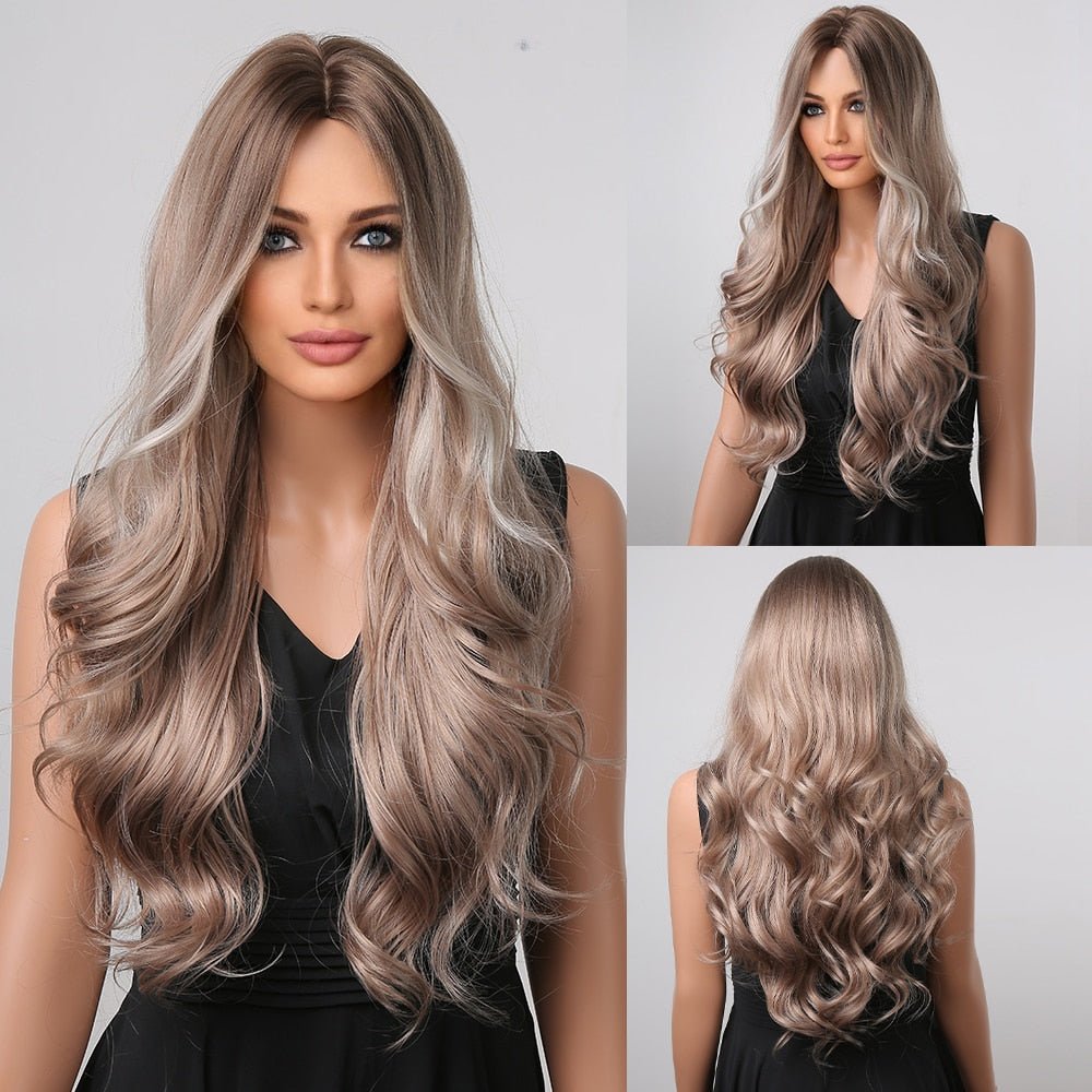 Long Ash Light Brown Highlight Synthetic Wig - HairNjoy