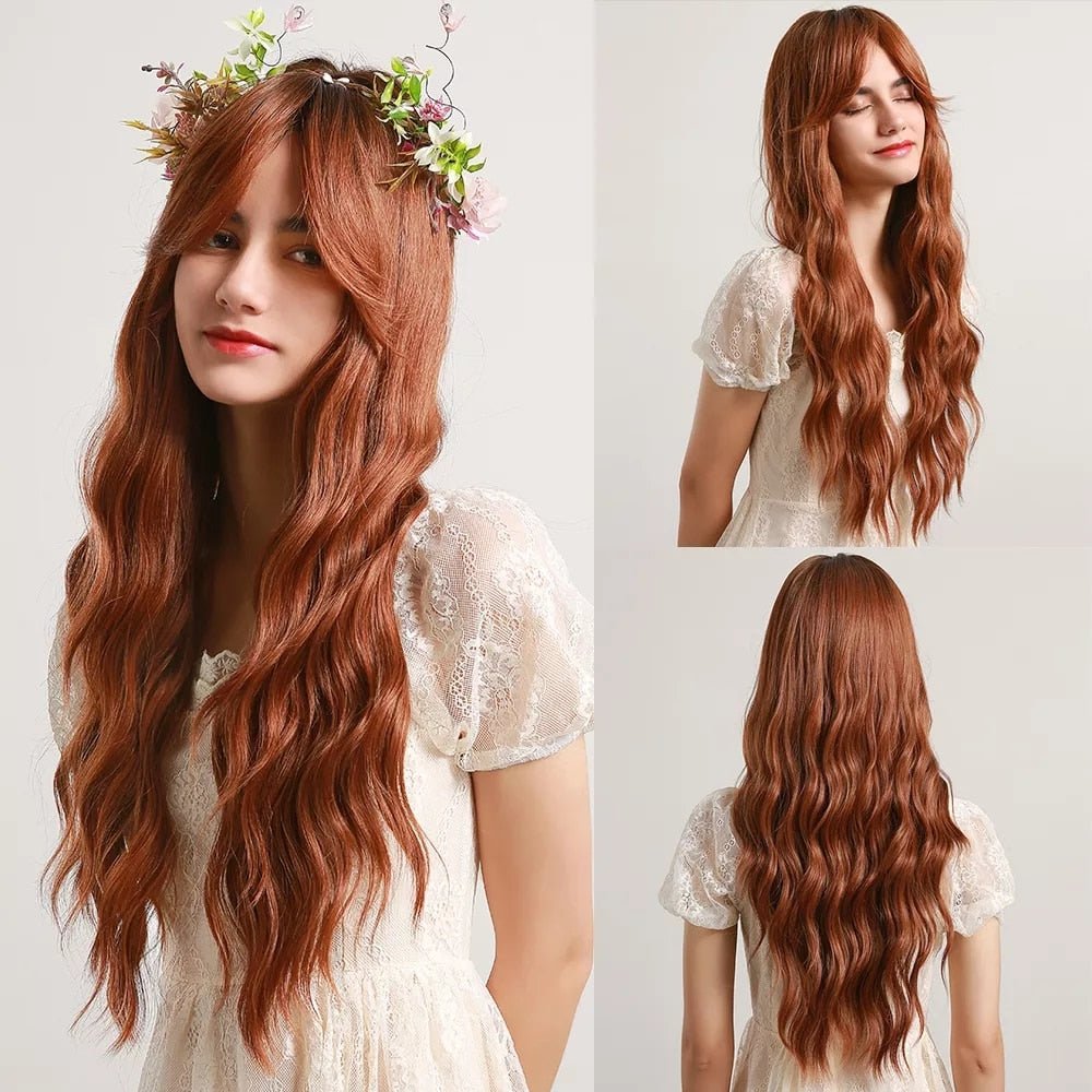 Long Auburn Wavy Wigs with Bangs - HairNjoy