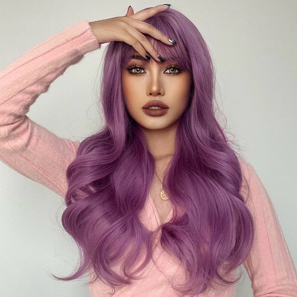 Long Beach Wave Purple Wig with Bangs - HairNjoy