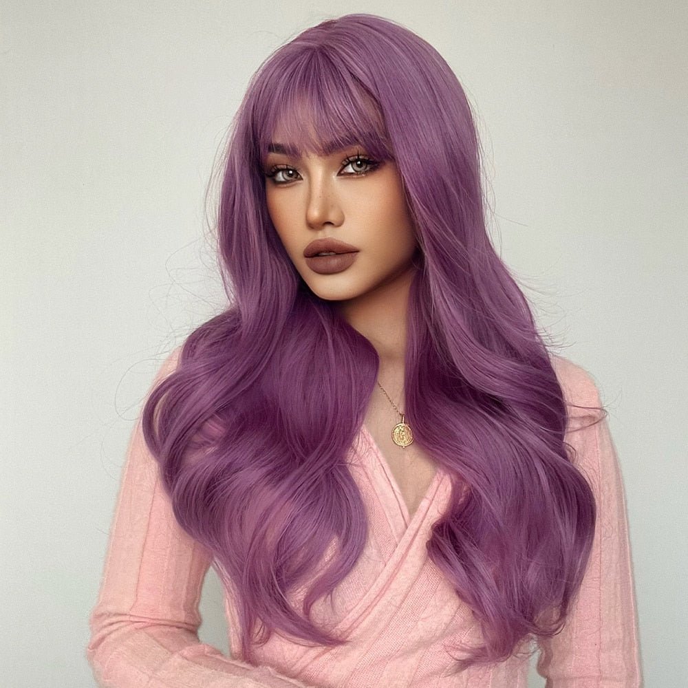 Long Beach Wave Purple Wig with Bangs - HairNjoy