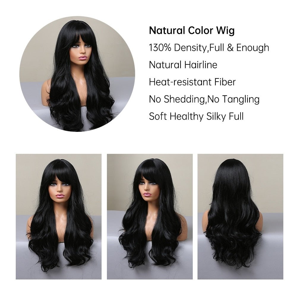 Long Black Wavy Synthetic Wigs with Bangs Body Wave Wigs - HairNjoy