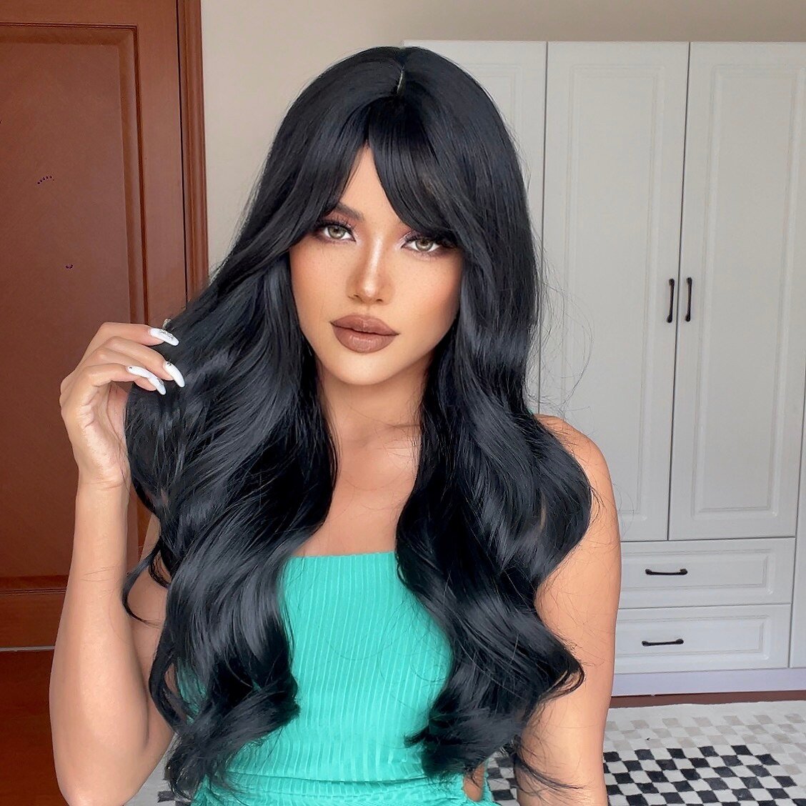 Long Black Wavy Synthetic Wigs with Bangs Body Wave Wigs - HairNjoy