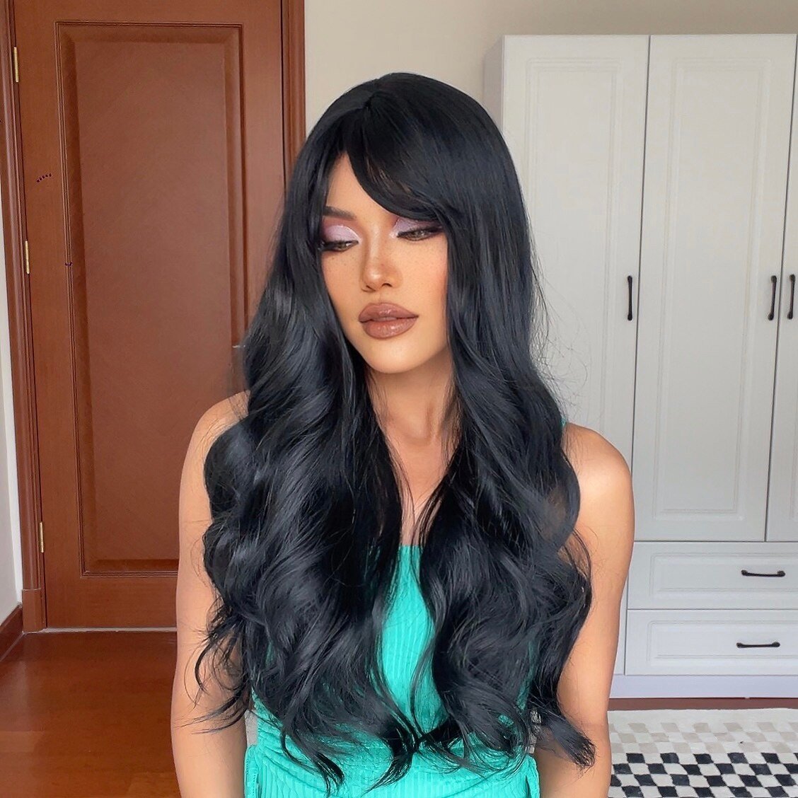 Long Black Wavy Synthetic Wigs with Bangs Body Wave Wigs - HairNjoy