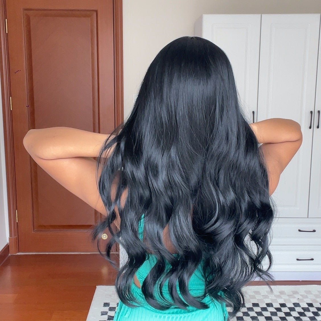 Long Black Wavy Synthetic Wigs with Bangs Body Wave Wigs - HairNjoy